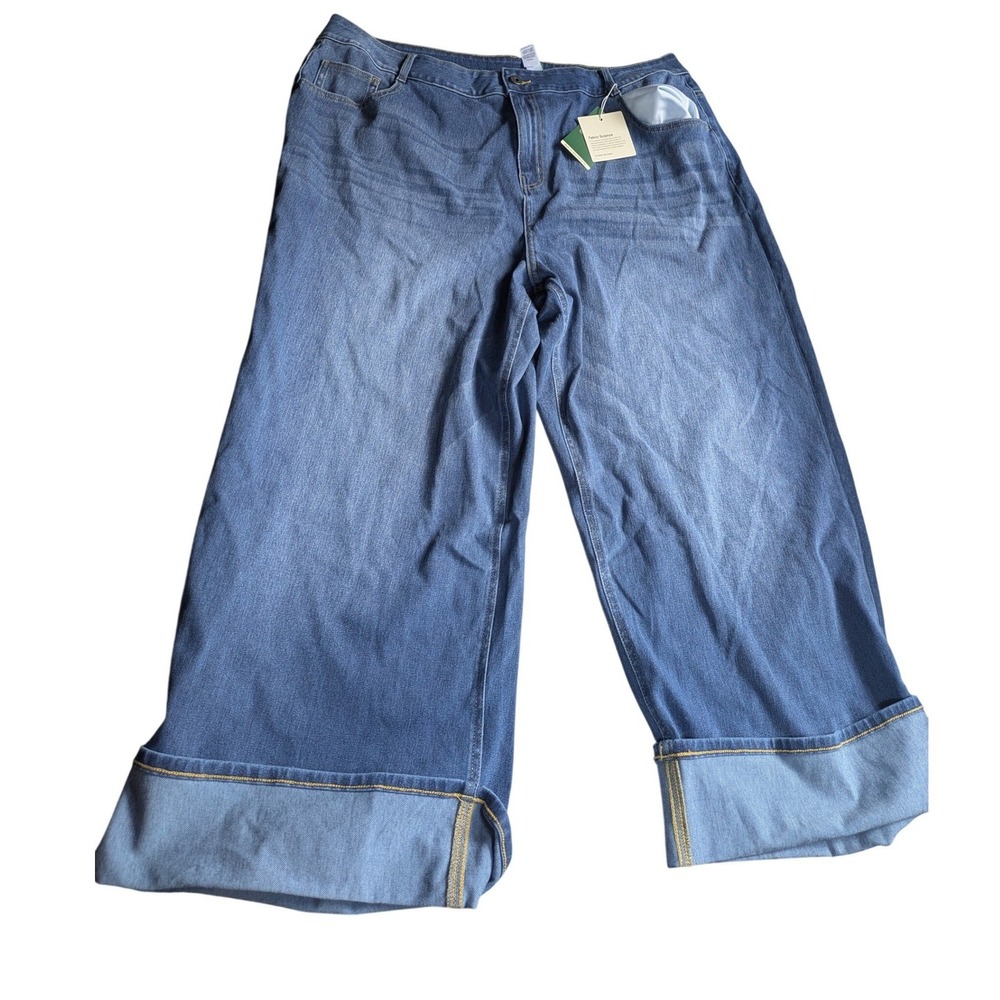 HALARA Wide Leg Flared Jeans in Dark Blue with Cuffed Hem - Picture 2 of 12